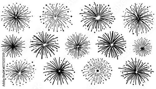 An artistic array of abstract firework shapes, presented as versatile graphic elements suitable for adding a celebratory flair to any design.