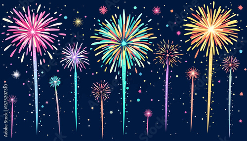 High-quality vector fireworks PNG image, ideal for celebratory designs, featuring vibrant bursts of color against a dark night sky, perfect for adding a festive touch to your projects.