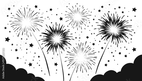 A vector illustration showcases a vibrant display of fireworks exploding in the night sky, with a transparent background, perfect for adding celebratory elements to your design projects.
