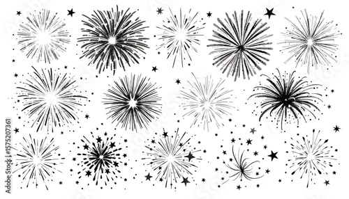 A collection of diverse, hand-drawn fireworks illustrations in a vector graphic format, perfect for celebrations and festive designs.