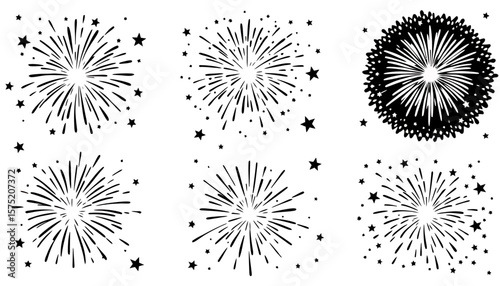 High-quality vector fireworks PNG illustrations, perfect for celebratory designs, cards, or festive backgrounds.  These versatile graphics are ideal for both print and web use, offering a range of