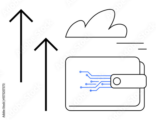 Digital wallet with embedded technology design, cloud shape representing data storage, two upward arrows symbolizing growth. Ideal for finance, innovation, technology, cloud storage, digital payment
