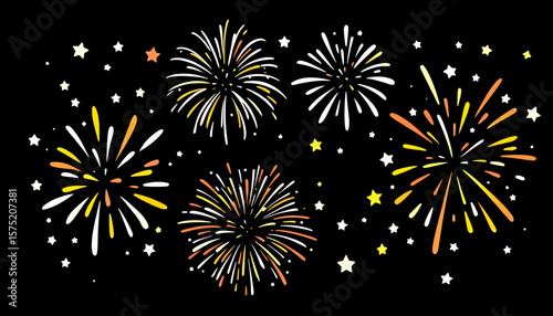 Colorful abstract fireworks explode in a starry night sky, perfect for festive celebrations, holidays, and graphic design projects.