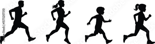 Family Running Silhouettes, Healthy Lifestyle and Active Fitness Concept