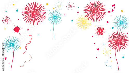 Celebrate with this vibrant vector PNG image of colorful fireworks exploding against a white background, perfect for festive designs and celebrations.  The fireworks are detailed and create a joyful