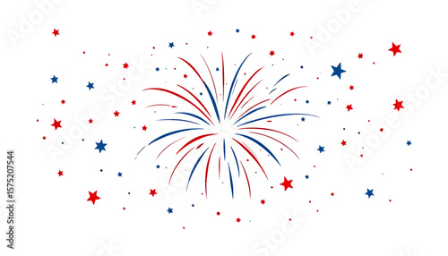 A vibrant and festive vector illustration featuring a burst of red, white, and blue fireworks surrounded by scattered stars, perfect for celebratory designs and patriotic themes.