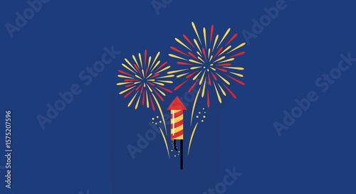 Bright red and golden fireworks explode in a dark blue sky, celebrating a festive occasion with a central rocket.