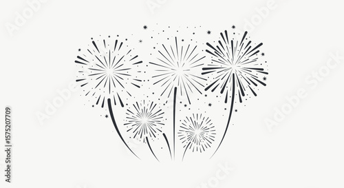 A vector illustration showcases a collection of celebratory fireworks bursting with light and energy against a clean, neutral backdrop, perfect for festive designs.