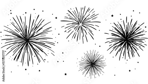 A festive collection of hand-drawn fireworks exploding in a scattered pattern against a clean white background, perfect for celebrations.