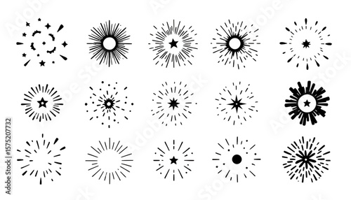Vector fireworks PNG: 16 hand-drawn firework illustrations, perfect for adding a celebratory touch to your designs, websites, or digital art projects.  These high-quality, scalable graphics are ideal