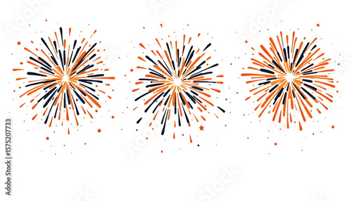 Three colorful fireworks burst with vibrant orange and navy blue hues, presented in a vector graphic style, perfect for celebratory designs or festive backgrounds.