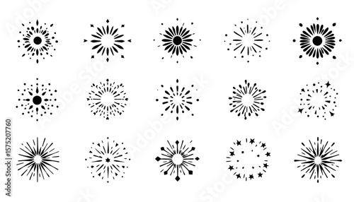 A set of diverse black and white fireworks vectors in PNG format, perfect for adding celebratory accents to designs, posters, and digital artwork with ease.