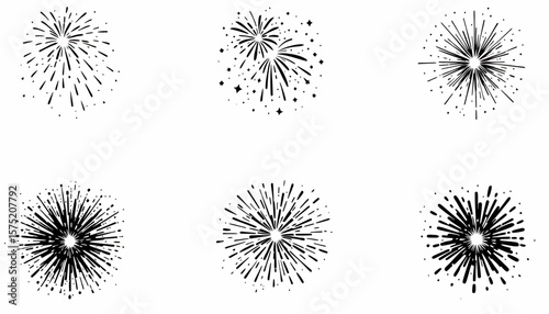 A collection of six stylized, black and white vector graphics depicting bursts of fireworks, perfect for celebratory designs and graphic overlays.