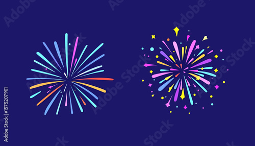 Two vibrant, stylized vector illustrations of colorful fireworks exploding, perfect for festive celebrations and holiday designs on a dark background.