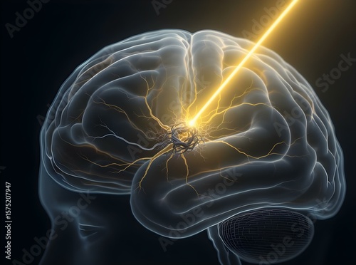 Abstract concept of memory therapy, with a light beam repairing a tangled neuron in the brain