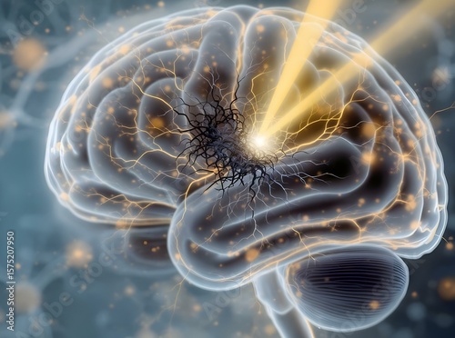 Abstract concept of memory therapy, with a light beam repairing a tangled neuron in the brain