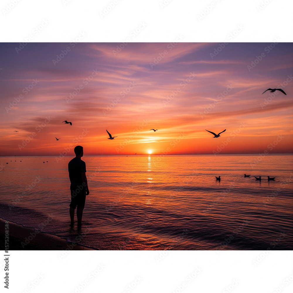 Fototapeta premium someone on the beach at sunset