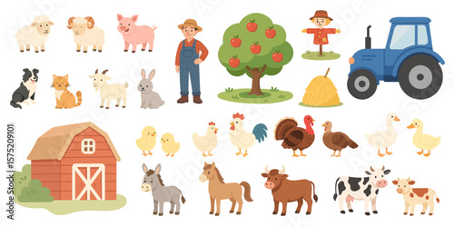Flat cartoon illustration of farm with farm animals, farmer, barn, tractor, and trees. image includes cows, sheep, goats, pigs, chickens, and other farm elements