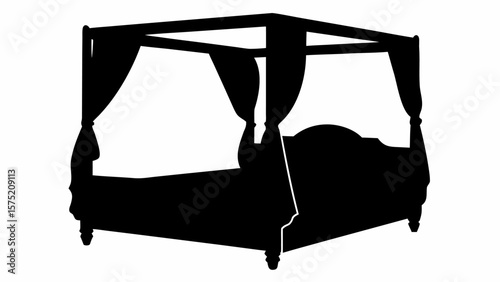 Silhouette of a four poster bed with draped curtains and a headboard in a bedroom setting design