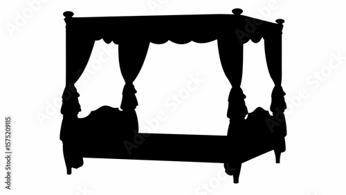 Silhouette of a four poster bed with curtains and decorative finials adorning the bedposts design element