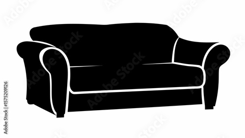 Illustration of a black couch with armrests and a cushioned backrest and seat against a white background