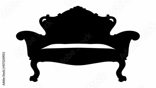 Silhouette of an ornate chair with curved legs and armrests and a decorative backrest design element