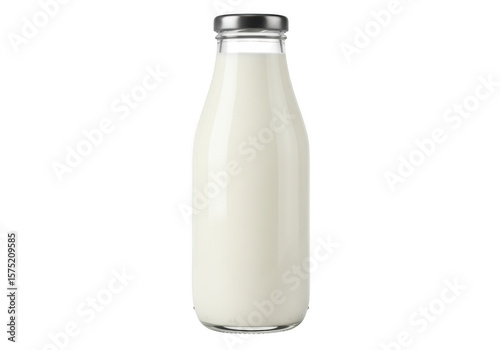 Clear glass bottle filled with creamy white milk and silver cap isolated on transparent background