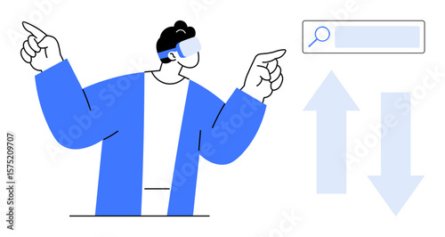 Individual wearing VR headset interacting with virtual search bar and data arrows. Ideal for technology, innovation, digital transformation, VR applications, online search, future technology, simple