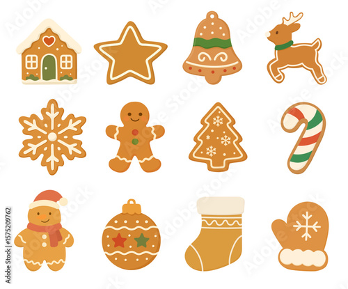 Holiday cookies set with gingerbread stars, bells, mittens and trees, cookies decorated in festive style, cookies perfect for seasonal clipart and packaging.