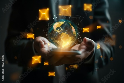 Digital World at Your Fingertips: Businessman Holding Glowing Virtual Earth Hologram on Mobile Device