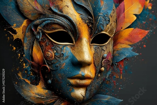 Vibrant Venetian Mask: An Intricate Dance of Colorful Feathers and Detailed Patterns
