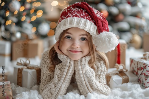 Joyful child in a red Santa hat surrounded by festive Christmas lights and wrapped gifts