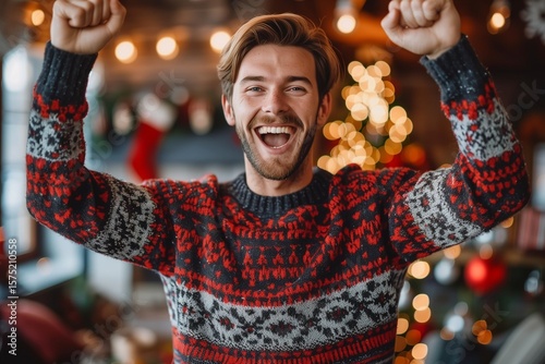 Joyful moment captures holiday spirit with a radiant smile amid festive decorations and lights.