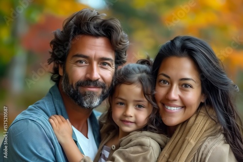 Happy family enjoying warm autumn day amidst vibrant fall colors and joyful expressions outdoors.