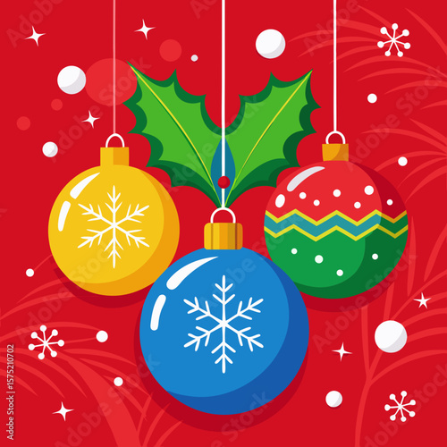 Festive christmas ornaments and holly berries hang on a red background