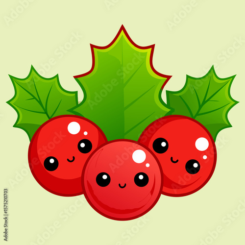 Cute kawaii christmas holly berries and leaves with happy faces