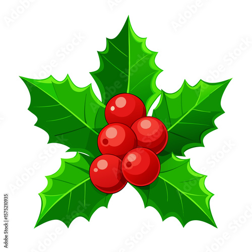 Vibrant illustration of a classic christmas holly sprig with glossy red berries and green leaves