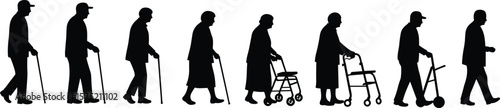 Silhouette of elderly people walking with cane and walker, senior mobility aid vector illustration for aging care and health concept