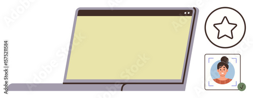 Open laptop with blank screen, user profile photo verification icon, and star rating symbol. Ideal for technology, user authentication, feedback, quality rating, digital identity, security online