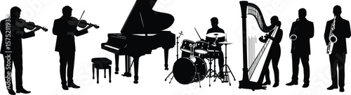Silhouette of musicians playing instruments including violin, piano, drums, harp, trumpet and saxophone, vector illustration of live music performance