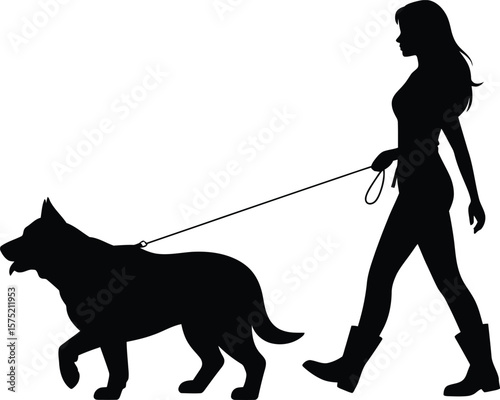 Woman Walking Dog Silhouette, Pet Owner and Companion Animal