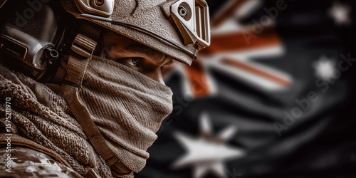 Australian Special Forces Soldier in Tactical Gear and Helmet with Australian Flag Background for Military Defense Concept