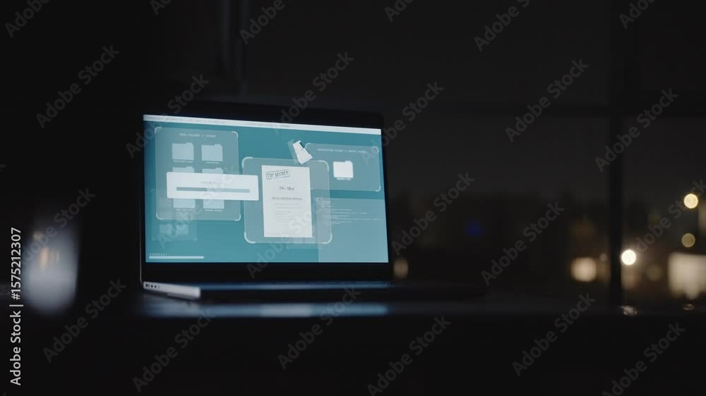 Laptop computer copying top secret documents and files into remote folder. Dark night in office desk as spyware is uploading sensitive data archive or robbing classified papers stored by secret agency