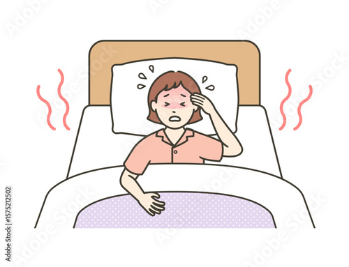 ベッドで寝ている若い女性が熱帯夜に汗をかき寝苦しそうにしているイラスト