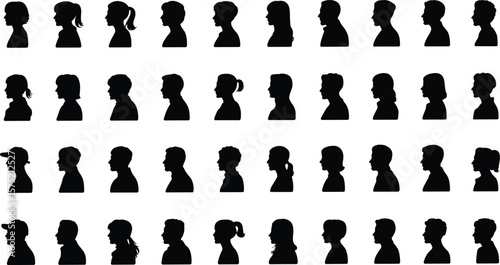Silhouette side profile avatar icons set, male and female faces, flat vector design, isolated collection for social, user interface