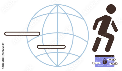 Person stepping on a secure digital wallet, surrounded by global network lines and abstract connection bars. Ideal for security, privacy, global access, connectivity, fintech, blockchain, simple flat
