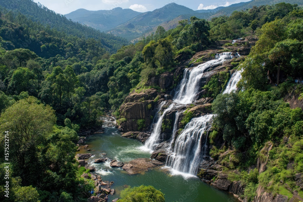 Fototapeta premium Lush valley with cascading waterfalls