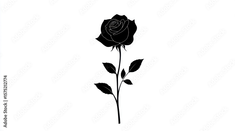 Fototapeta premium Silhouette of a blossoming rose flower, leaves and stem, black on white background
