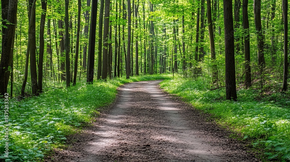 Fototapeta premium Sunlit path winds through a lush green forest, dappled sunlight illuminating the way