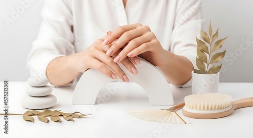 Elegant woman's hands with a minimalistic manicure and natural spa elements